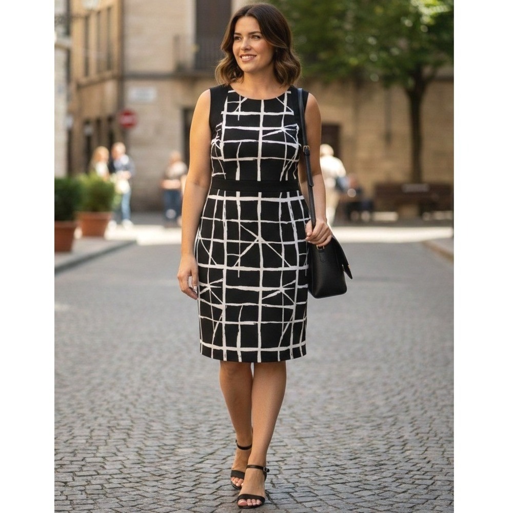 Peck & Peck Sheath Dress Women 16 Black‎ White Geometric Sleeveless Professional
